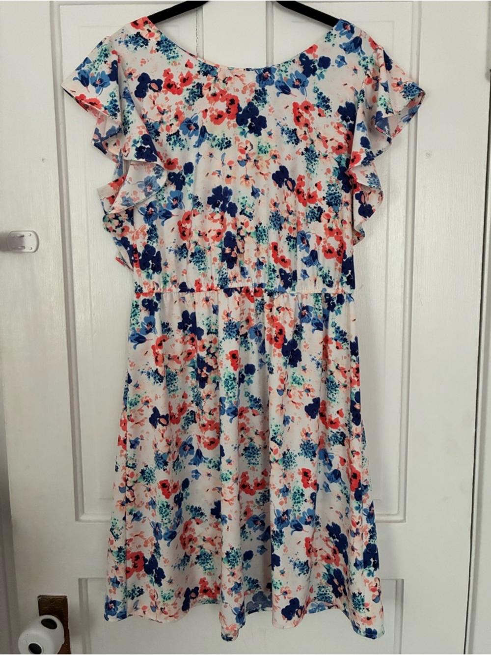 multi color floral dress with ruffle sleeves